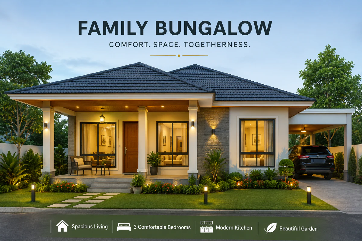 Family Bungalow house plan exterior render - 4 bedroom single storey design by High Tech Construction Jaffna Sri Lanka
