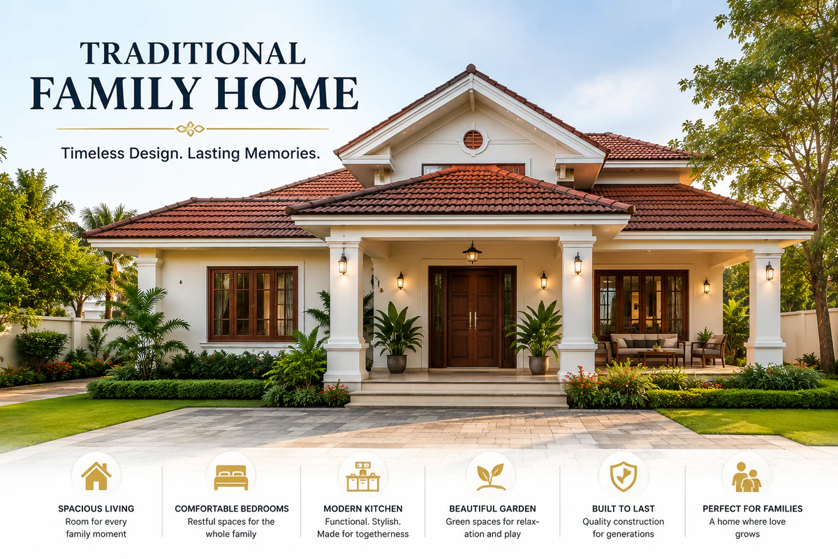 Traditional Family Home house plan exterior render - heritage Sri Lankan architecture with modern finishes by High Tech Construction Jaffna