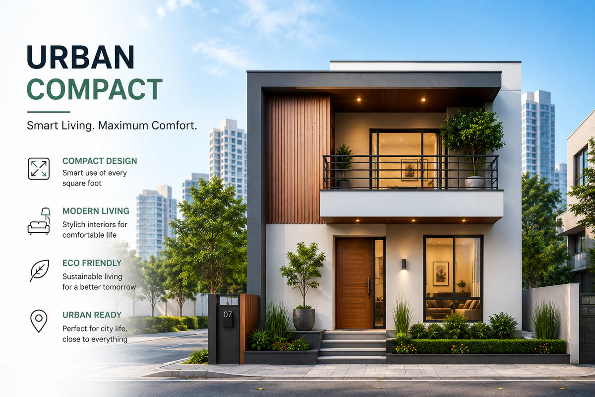 Urban Compact 2-bedroom house plan exterior render - modern two-storey smart home design by High Tech Construction Jaffna Sri Lanka